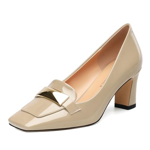 Womens Mid high Heels,Metal Buckle Patent Square Toe Pumps,Slip-on Loafers,Office Classic Casual Shoes 2.5IN