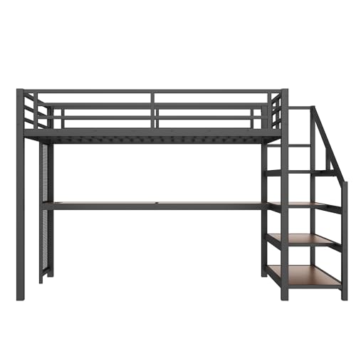 Image of Bellemave Twin XL loft Bed with Desk and Storage Stairs, Shelves, Metal Twin XL Loft Beds with LED Lights, USB Ports, Multifunctional Iron Nets for Adults, Kids, Teens, Black