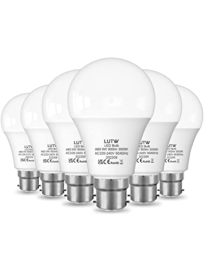 LUTW B22 Led Light Bulbs Bayonet, 60W Equivalent, Warm White 3000K, 9W 900lm LED Bulbs, BC GLS Energy Saving Light Bulbs, Non-dimmable, Pack of 6