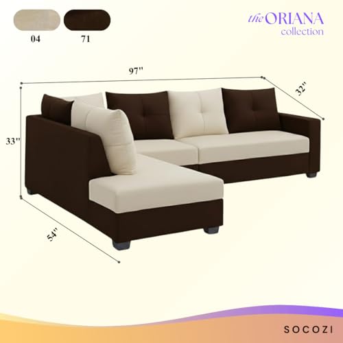 Image of SOCOZI Oriana 6 Seater LHS L Shape Sofa Set | Soft Velvet Suede Fabric | Modern Design | Plush Comfort Cushions for Living Room (Dark Brown- Cream)
