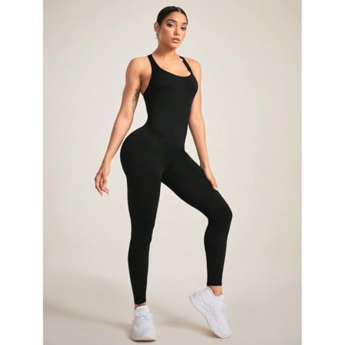 Image of Jumpsuit for Women Gym Workout Stylish Ankle Length | Body Fit One Piece Gym Outfit, Yoga Clothes Women, Sleeveless Bodysuit Style, Athleisure Travel Lounge Wear, Activewear
