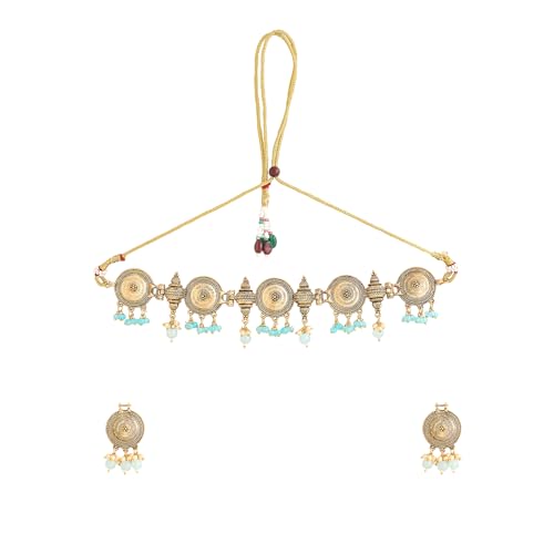 Image of Yellow Chimes Jewellery Set for Women Traditional Gold Plated Choker Necklace Set For Women I Eternal Classics | Ethnic Style Blue Beads Choker Set I Birthday Anniversary Gift for Women Wife