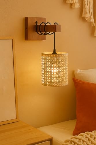 Image of AKWAY Rattan wall Lamps for Living Room | Bamboo wall Lights for Bedroom | Cane wall scones for Home Decoration (Bulb Not Included) (Rattan Eye Webbing Hang)
