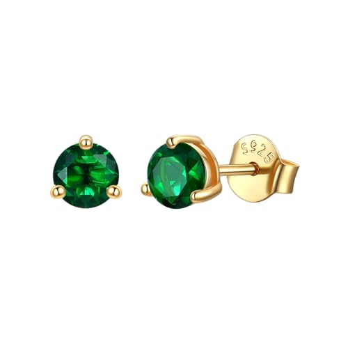 Justbeingcute Emerald Green Stud Earrings Gold Plated 0.5ct Emerald Diamond Stud 5mm May Birthstone Earrings For Women Samll Gold Studs Earrings Great Birthday Gift for Wife/Mom/Grandma