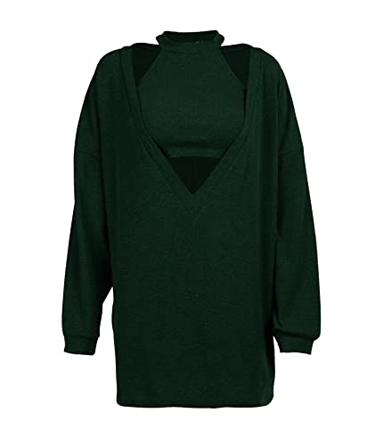 Image of ECDAHICC Women's Two Piece Outfits Knitted Halter Neck Crop Tank Tops and Oversized Off Shoulder Deep V Neck Pullover Sweater
