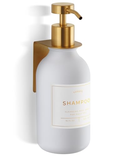 Shower Shampoo Dispenser Wall Mounted – Refillable 16.9 oz White Bottle with Stainless Steel Pump & No-Drill Adhesive Holder – Soap Dispenser for Bathroom (1 X White/Gold) - image 1