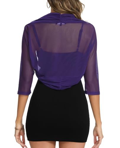 Image of MINTLIMIT Women's Elegant Sheer Mesh Shrug Bolero Batwing 3 /4 Sleeve Open Front Cropped Cardigan Shrugs for Evening Dress