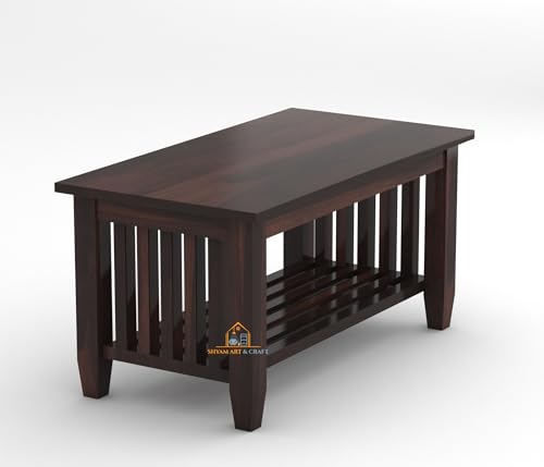 Image of SHYAM ART & CRAFT Wooden Center Coffee Table with Storage Shelf for Living Room & Office | Tea Stand | Sofa Furniture Unit (86x46x46 cm) | Walnut Finish