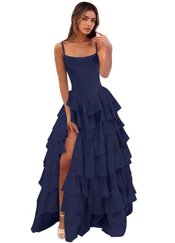 Navy Blue Plus Size Prom Dresses with Slit Long Party Dress US26W