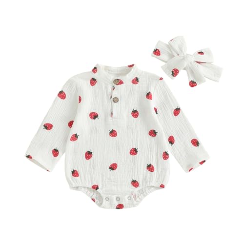 Infant Newborn Baby Girl Fall Winter Outfit Long Sleeve Romper Strawberry Print Bodysuit Cotton Linen Clothes