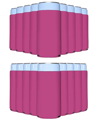 Image of PartyPrints 100 Pack Pink Blank Slim Can Cooler Sleeves | Plain Seltzer Customizable Bulk Coolers for Beer Bottles & 12oz Tall Cans | Skinny Collapsible Drink Insulated Sleeve