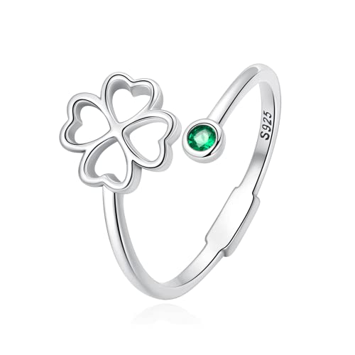 Ategazza Anillos de plata con trébol ajustable, anillos abiertos, amuleto de la suerte con circonitas ga22