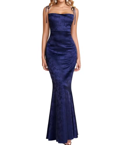 Image of GLNEGE Wedding Guest Maxi Prom Dress Lace Up Satin Formal Dresses for Women | Spaghetti Strap Cocktail Elegant Bridal Shower Wgute Dress Bodycon Mermaid Long Evening Black Tie Dresses for Women