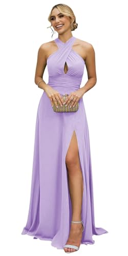 Halter Chiffon Long Bridesmaid Dresses with Slit A Line Formal Dress Evening Party Gowns