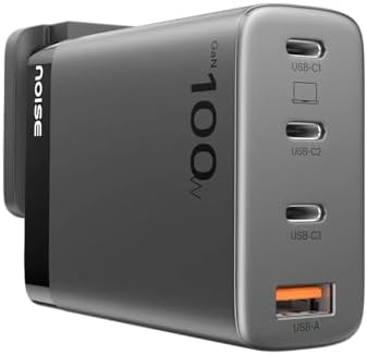 Noise Power Series 100W GaN Charger: Fast Charging Adapter, 4 Ports (3 USB-C + 1 USB-A), Globally Compatible, iPhone 0 to 50% in 27mins, Supports All iPhones, Android Phones, Laptops, Macbooks (Black)