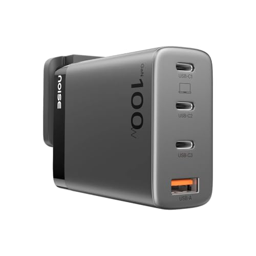Image of Noise GaN Charger 100W PD: Charge 3 Devices Simultaneously, 4 Ports (3xUSB-C+1xUSB-A), PD 3.0, Compatible with MacBook Pro, iPhone, Samsung, Fast Charging Compact Travel Charger (Black)