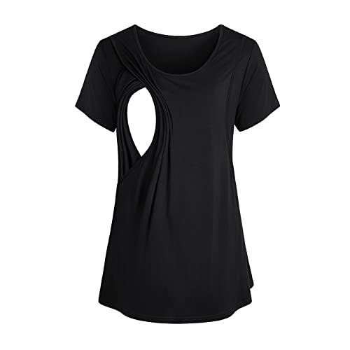 Women's Maternity Nursing Tops Solid Round Neck Short Sleeve T Shirts Side Ruched Breastfeeding Curved Hem Tunic Blouse #TOP4