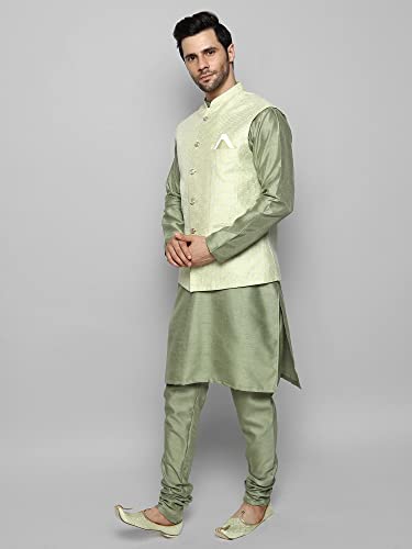 Image of Uri and MacKenzie Men's Silk Blend Kurta Churidar Pyjama with Stylish Nehru Jacket