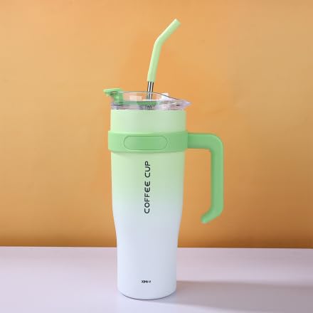 Image of MOOKA 1200ML Stainless Steel Tumbler Hot and Cold with Handle and Lid 2 Straw, Double Insulated Cup 100% Leak Proof Mug Cupholder for Gym, Travelling (Green White)