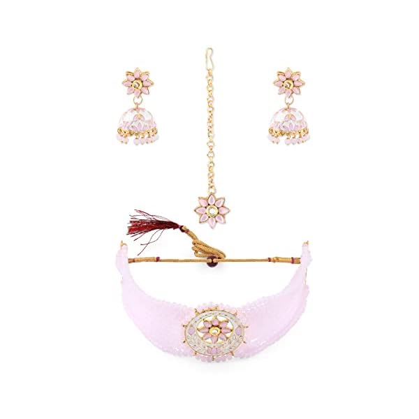 ZAVERI PEARLS Pink Meenakari Crystal Beads Multistrand Necklace Earring & Maangtikka Set For Women-ZPFK10274