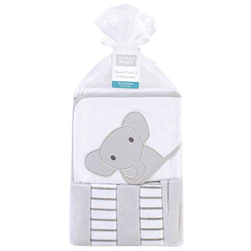 Image of Hudson Baby Unisex Baby Hooded Towel and Five Washcloths, Modern Elephant, One Size (Pack of 2)