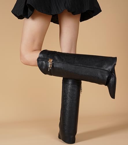 Image of Fold Over Boots for Women Pointy Pull-on Wedge Heel Knee Shark Boot With Side Zipper Padlock Design