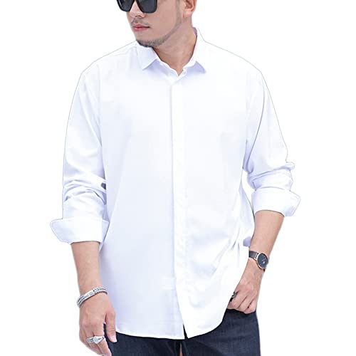 DAIHAN Chemise Homme Grande Taille à Manches Longues Décontractée Chemise de Couleur Unie à Boutonnage Simple Chemise Décontractée Haut Shirt,Blanche,7XL