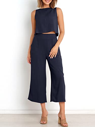 Image of ANRABESS Women's Summer 2 Piece Outfits Sleeveless Tank Crop Button Back Top Cropped Wide Leg Pants Set Pockets