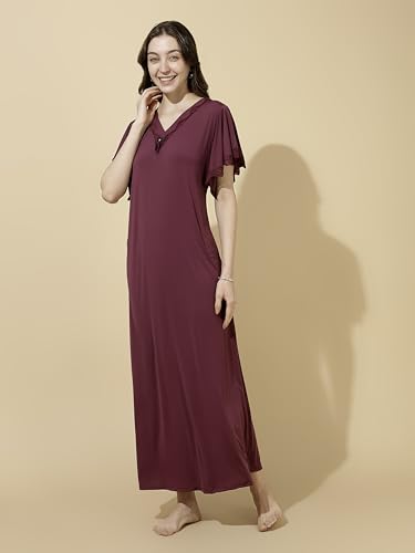 Image of 9shines Label Stylish Soft Modal Maxi Nighty | Honeymoon Nighty | Full Length Trendy Nightgown | V-Neck Lace | Premium Nightdress | Soft Long Nightdress | Maxi Gown Nightwear for Women (Malai Satin)