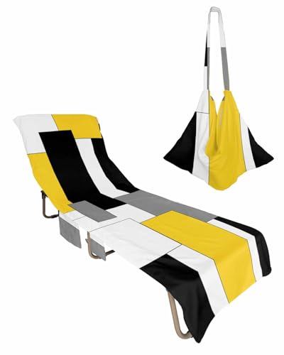 Yellow Grey Black Beach Lounge Chair Towel Cover, Soft Chaise Lounge Towel with Side Pockets Patio Pool Chairs Cover for Beach/Pool Sunbathing 29x85 Modern Geometric Abstract Art