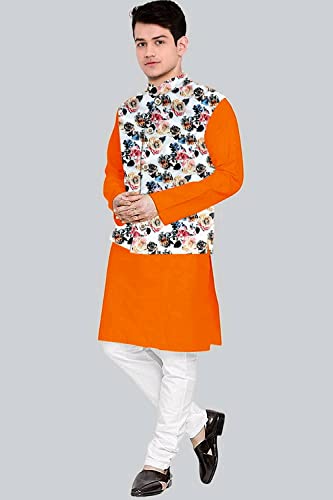 Image of Os Men's & boy kurta pyjama set with nerhu jackets (Multi printed) in cotton (baap beta|father son|)