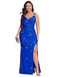 Ever-Pretty V-Neck High Slit Glitter Bodycon Plus Size Ball Gowns Formal Evening Dresses for Curvy Womenn Sapphire Blue US20