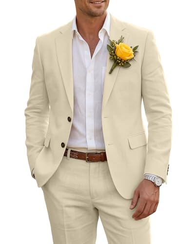 Wehilion Mens Champagne Linen Suit Slim Fit 2 Piece Breathable Elegant Blazer Pants Set for Wedding Evening Party Summer XS