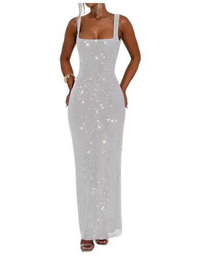 Glitzerndes Pailletten-Abschlussballkleid für Damen, lang, figurbetont, Cocktailkleid, quadratischer Ausschnitt, rückenfreies Abendkleid,...