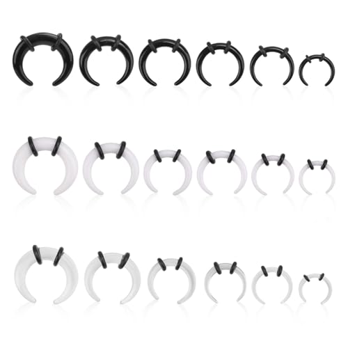 18 Pcs Acrylic Septum Rings, Three Colors C Shaped Pincher Tapers Septum Hoop Stud Nose Gauge Stretching Kit for Nose Ear Piercings Gauges Size 4G 6G 8G 10G 12G 14G(Black, White, Transparent)