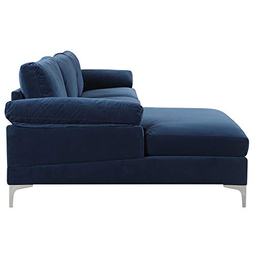 Divano Roma Furniture Modern Large Velvet Fabric Sectional Sofa, L-Shape Couch with Extra Wide Chaise Lounge (Navy)