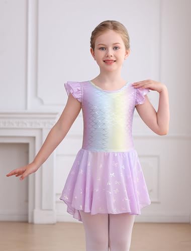 MdnMd Girls Ballet Leotards Toddler Dance Dresses Outfit Soft Ballerina Skirt Shiny Bowknot Ruffle Sleeve Hollow Back2