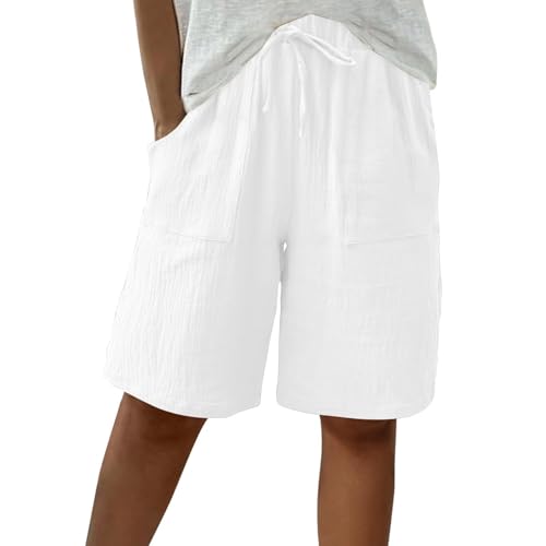 Women's Linen Shorts Elastic Waist Drawstring Bermuda Shorts for Women Knee Length
