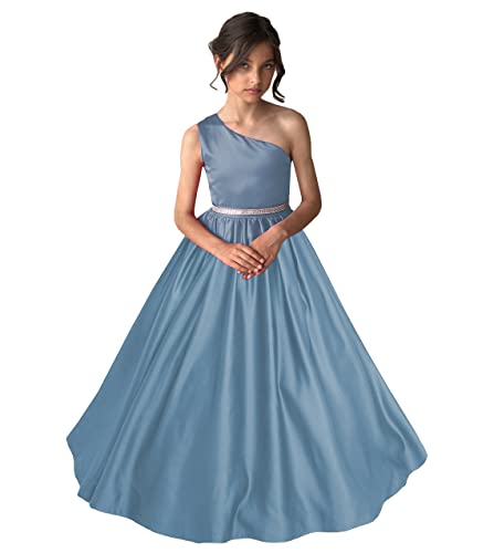 One Shoulder Girls Pageant Dresses Stain for Kids Princess Formal Party Ball Gowns with Pockets PA037