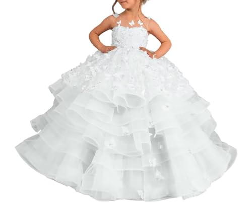 Flower Girl Dress Ruffle Layered Ball Gown First Communion Dresses Tulle Butterfly Appliques Pageant Dress for Girls