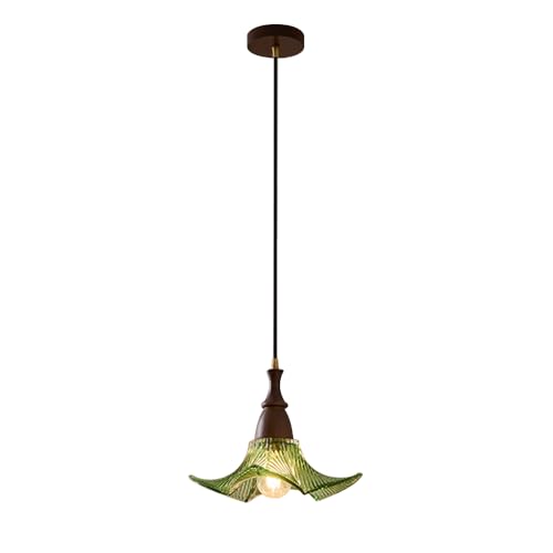 Lustre vintage en bois à une lumière avec abat-jour en verre suspendu