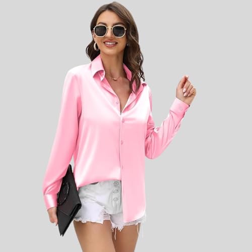 Image of IndoPrimo Women's Satin Shirt with Spread Collar Neck Line Solid Pattern Full Sleeves Regular Fit Western Style and Standard Length