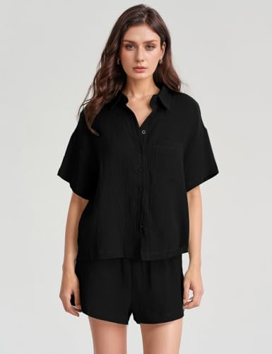 Flygo Women Casual 2 Piece Outfits Cotton Lounge Sets Loose Button Down Shirt and Shorts Pajama Gauze Set Beachwear2