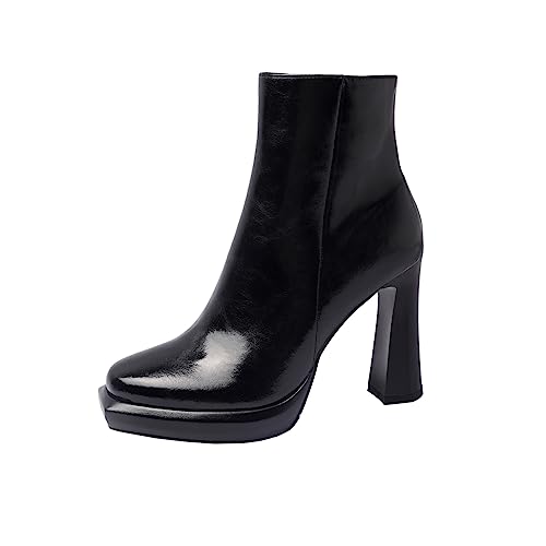 TinaCus Women's Square Toe Genuine Leather Handmade High Heels Zip Up Chic Ankle Boots