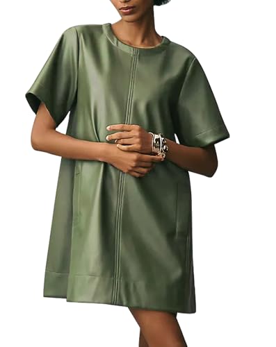 EZAPINE Women Faux Leather Mini Dress Short Sleeve Crew Neck A Line Flowy Swing PU Party Dress with Pockets Green