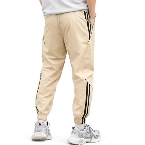 Image of Men Beige Joggers | Poly Twill Stretch Track Pants with Contrast Side Stripes & Piping Detail, Side Pockets & Elastic Ankle Cuffs | Casual, Gym & Travel Trousers
