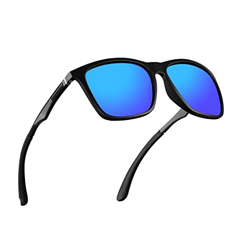 Polarized Sunglasses for Men Aluminum Mens Sunglasses Driving Rectangular Sun Glasses for Men/Women (Deep Blue Lens/Matte Black Frame)