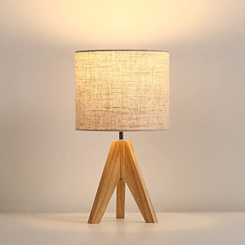 Image of DEWENWILS Small Table Lamp, Boho Bedside Lamp with Linen Fabric Shade, Wood Tripod Nightstand Lamp for Living Room, Nursery, Bedroom, Kids Room, Side Table, 14.2 Inch, ON/Off Switch