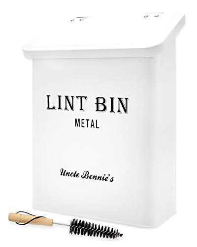 Uncle Bennie's Metal Lint Bin - Rustic Wall Mount or Strong Magnetic Lint Holder with Lid - Farmhouse Laundry Room Decor (w/Dryer Lint Brush)
