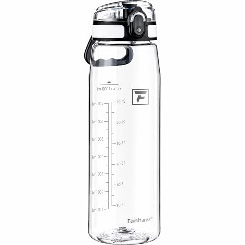 Image of Fanhaw 32 oz Clear Plastic Water Bottle, BPA Free Leakproof Tritan Sports Water Bottle with Chug Lid, Wide Mouth Reusable Bottle for Gym, Travel, School & Office (Clear & White)